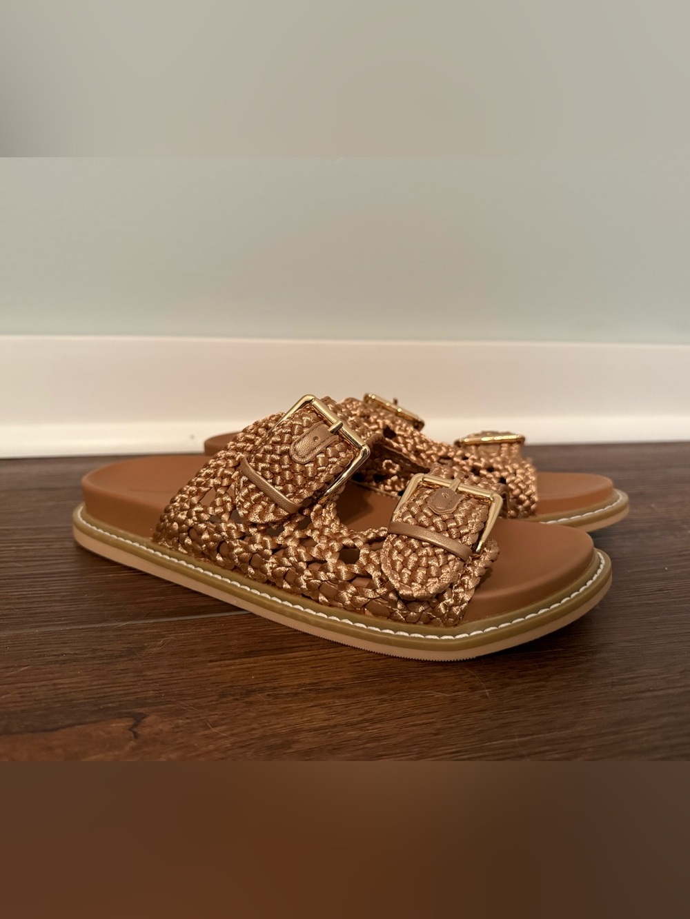 American Threads Metallic Gold Woven Double-Buckle Slide Sandals